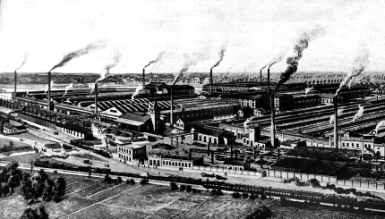 Isometrische Gesamtansicht der Bandeisenwalzwerke AG Dinslaken, um 1912.