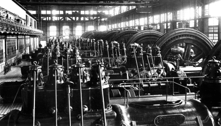 Großgasmaschinen der Maschinenfabrik Thyssen & Co., Mülheim an der Ruhr, in der Gaszentrale der AG für Hüttenbetrieb, Duisburg-Meiderich 1912.