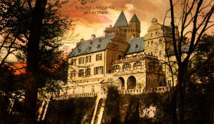 Am 4. April 1926 verstarb August Thyssen auf Schloss Landsberg, das er 1903 erworben hatte. Farbpostkarte von 1906.