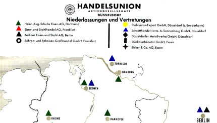 Die Niederlassungen und Vertretungen der Handelsunion-Gruppe in Deutschland im Jahr 1954.