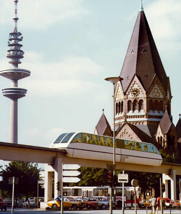 Transrapid 05 magnetic levitation train at the International Transport Exhibition in Hamburg, June 1979.