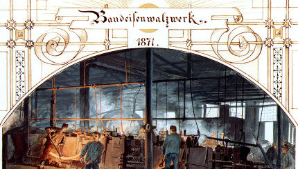 Kolorierte Zeichnung des Bandeisenwalzwerks von Thyssen & Co. in [Mülheim-]Styrum aus dem Jubiläumsalbum von 1896.