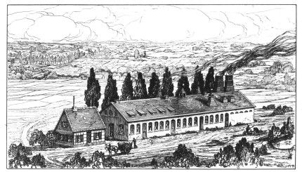 Der 1818/19 neu erbaute Schmelzbau der Gussstahlfabrik Fried. Krupp in Essen. Das kleinere Gebäude diente zunächst als Aufseherhaus, dann als Wohnhaus für die Familie Krupp.